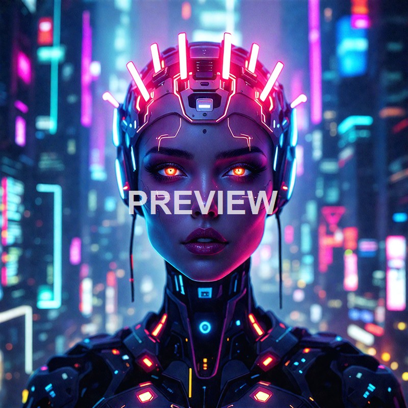 A futuristic female cyborg with glowing orange eyes, dark purple skin, and a high-tech headpiece, set against a vibrant cityscape filled with neon lights and tall buildings.